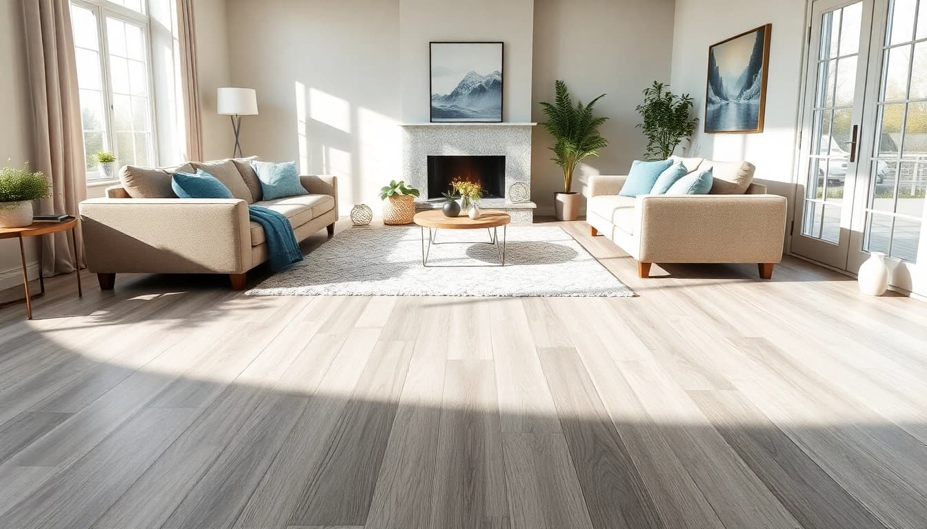 Stylish living room showcasing vinyl plank flooring in moonlight grey with elegant furniture.