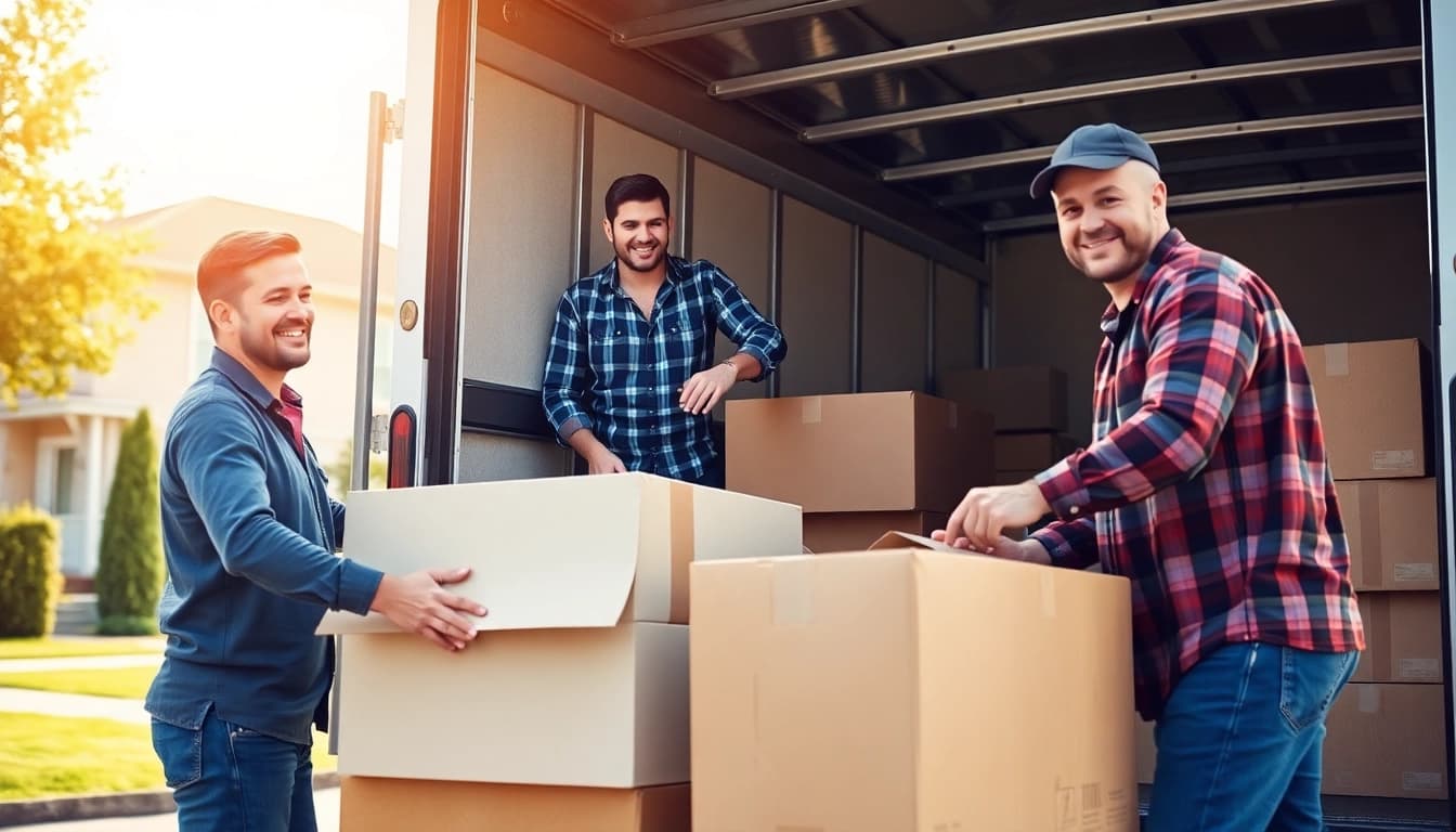 Calgary movers efficiently packing and moving a family's belongings in a sunny neighborhood.