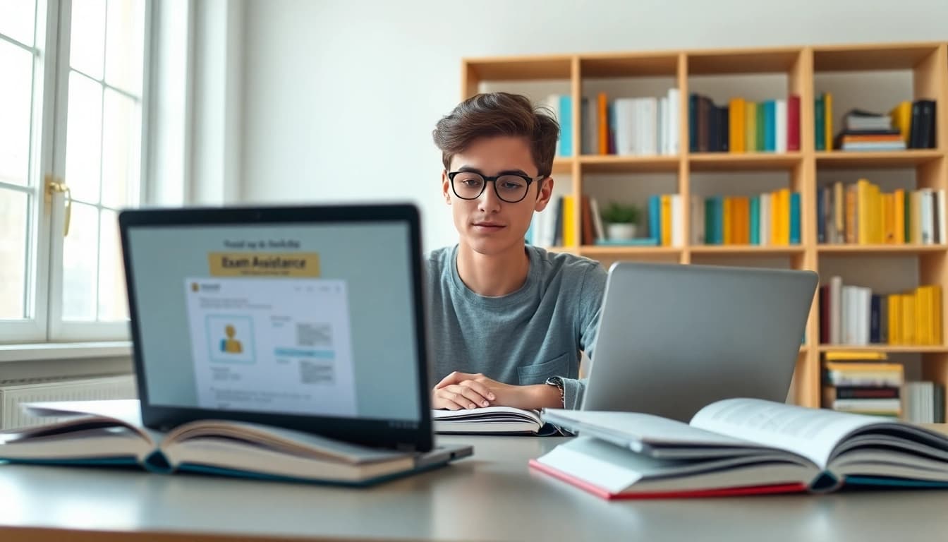 Student engaging with exam assistance resources on a laptop amidst study materials.