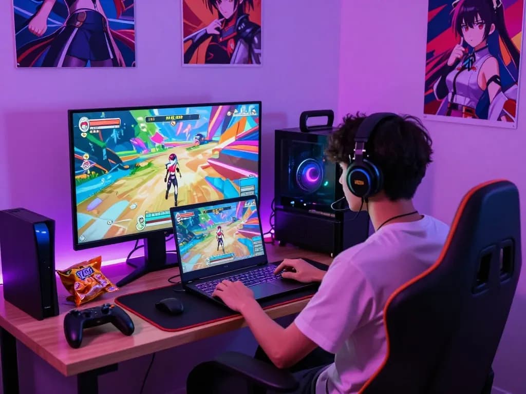Player engaged in a hentai game surrounded by gaming equipment and vibrant ambiance.