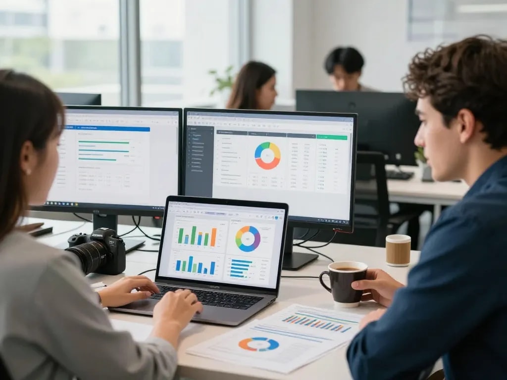 Business professionals analyzing group buy seo tools data in a modern office setting, enhancing SEO strategies.