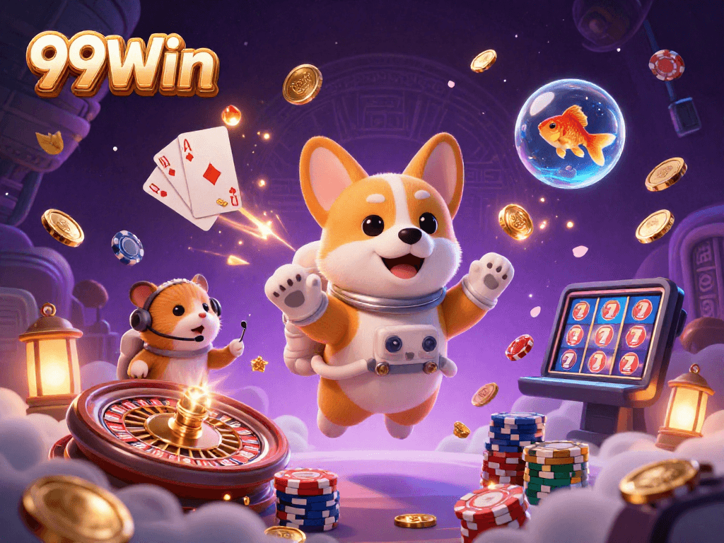 Experience thrilling gaming adventures with 99Win in this vibrant casino scene featuring a playful astronaut corgi.