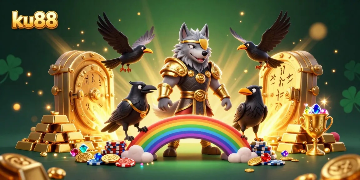 Experience the thrill of ku88 casino gaming with Odin and ravens guarding treasure.