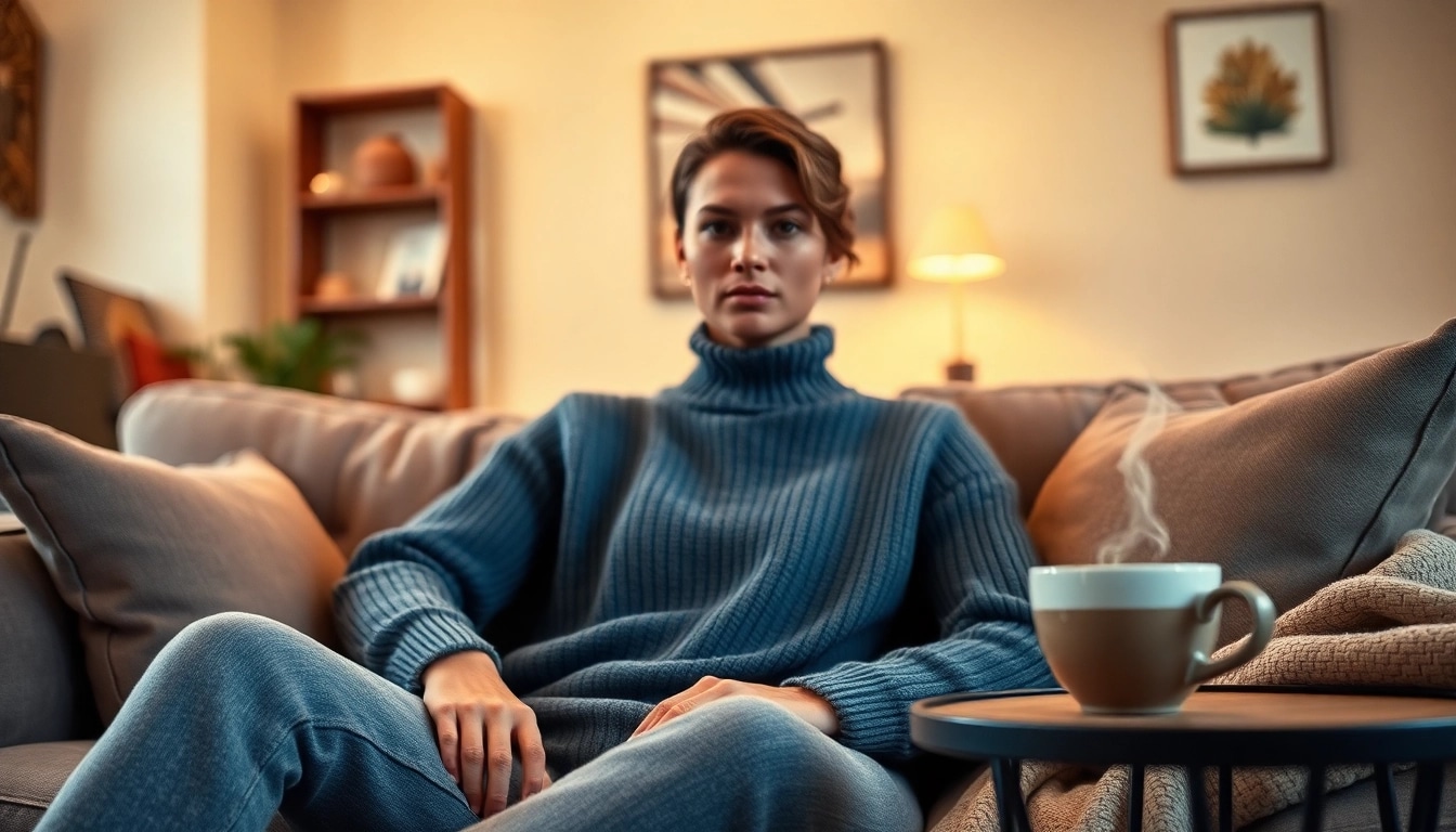 Model showcasing jumpers in a stylish and cozy living room setting.