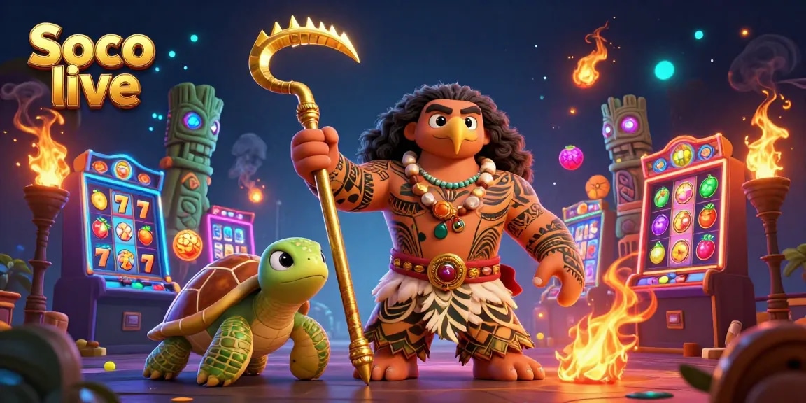 Soco live features a vibrant 3D scene with a demigod and turtle amidst colorful slot machines and glowing jewels.