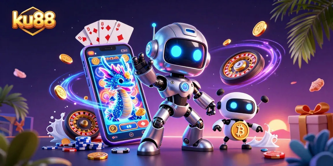 Engage with ku88's thrilling betting adventures featuring a cyberpunk robot and digital assets.
