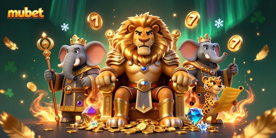 Engage with mubet's vibrant casino scene featuring a lion king with golden coins and thrilling slot elements.