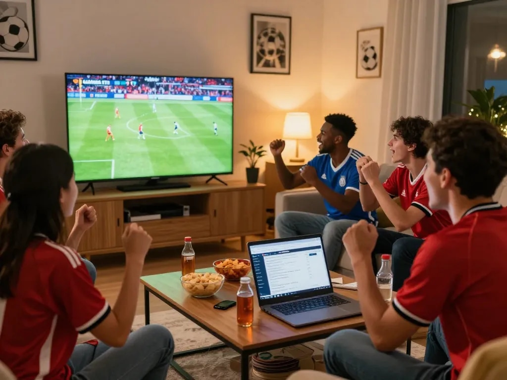 Watch Trực Tiếp Bóng Đá Cakhiatv in a lively living room with friends cheering for their teams.