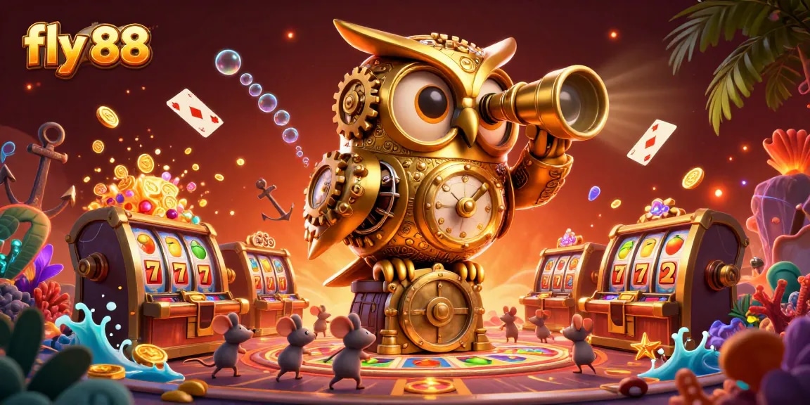 Play slots at fly 88 with a golden owl overseeing vibrant casino action and treasure-filled adventures.