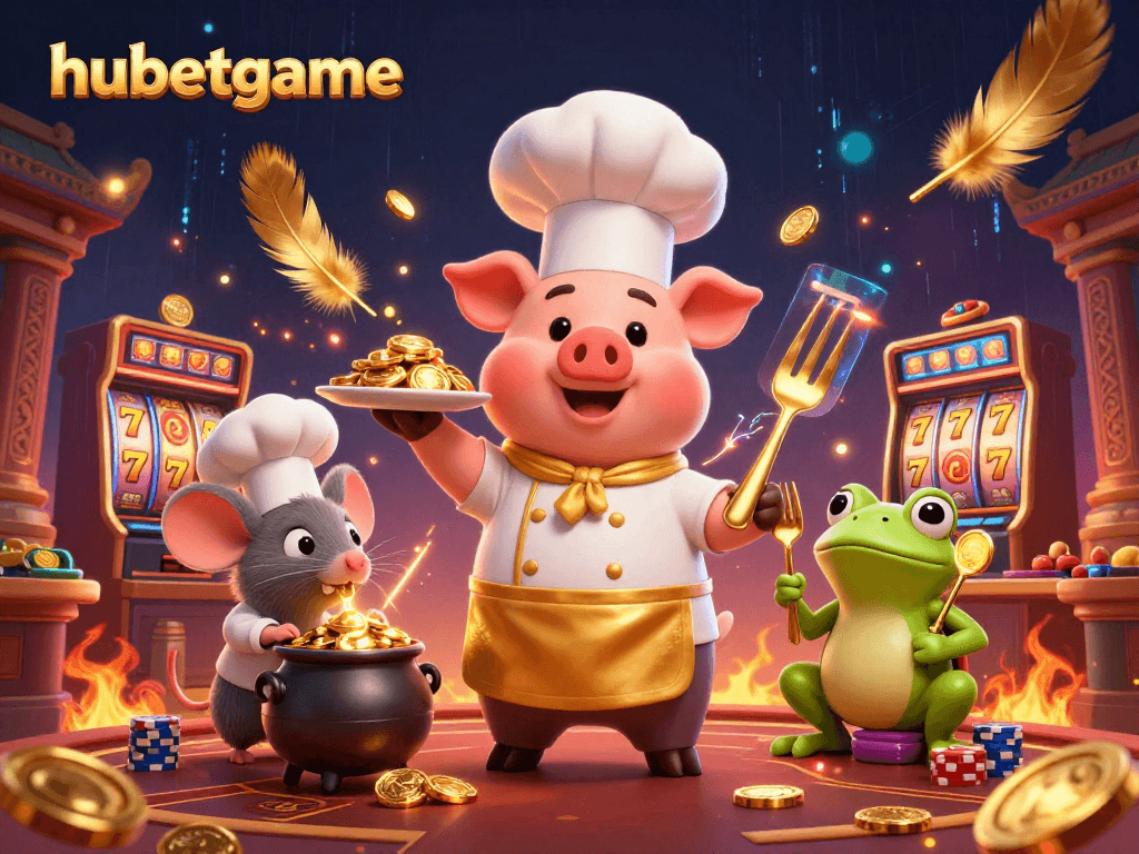 Experience thrilling games at hubetgame with a vibrant 3D casino scene featuring animated characters and golden rewards.