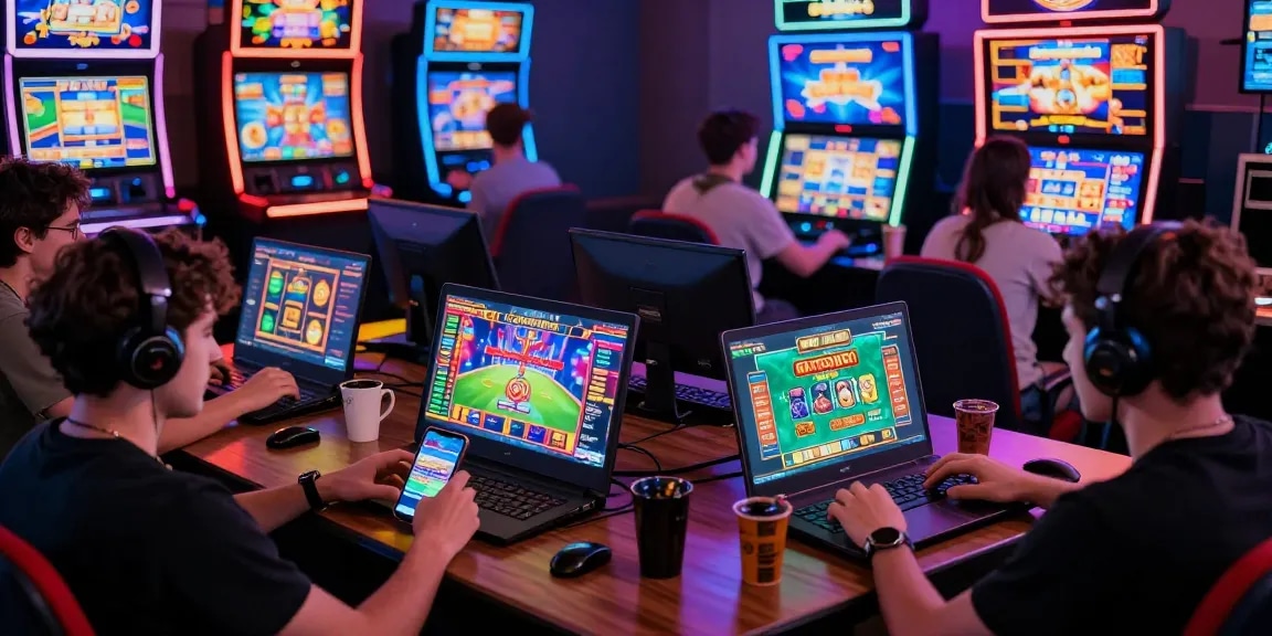 Exciting gaming scene showcasing players immersed in 79club games on various devices, reflecting vibrant online gambling.