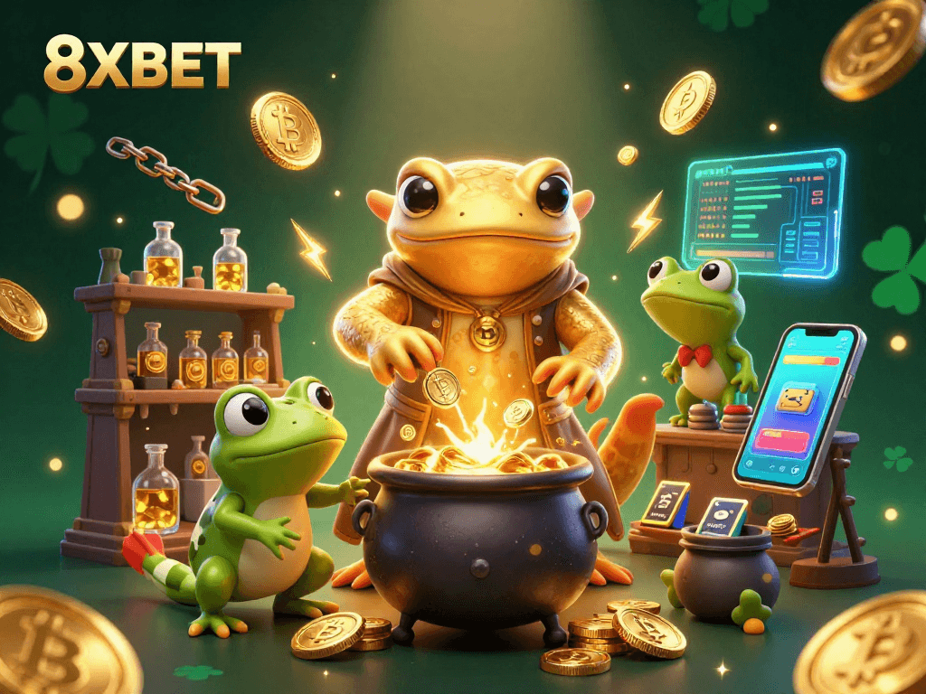 Experience thrilling gameplay at 8XBET with vibrant casino-inspired 3D illustration.