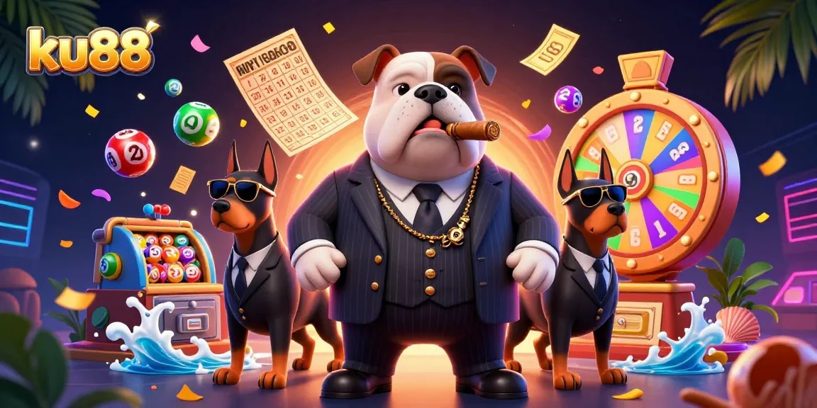 Engage with ku88's vibrant lottery scene featuring a whimsical mafia bulldog and dynamic game elements.