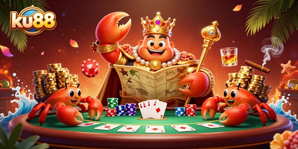 Play poker with ku88 at a vibrant casino scene featuring a crab emperor and treasure map.