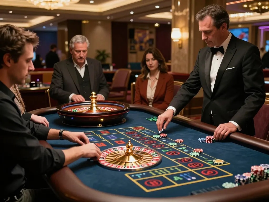 Experience thrilling roulette gameplay at TG88 casino with vibrant chips and eager players