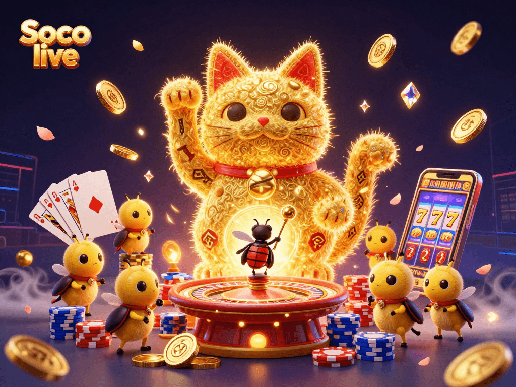 Engage with Soco live's vibrant casino world featuring a lucky cat and shimmering gold elements.