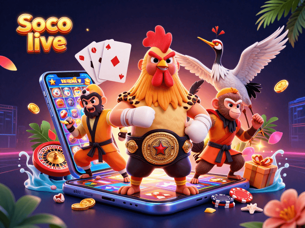 Experience the thrill of Soco live with vibrant casino characters and games lighting up the scene.