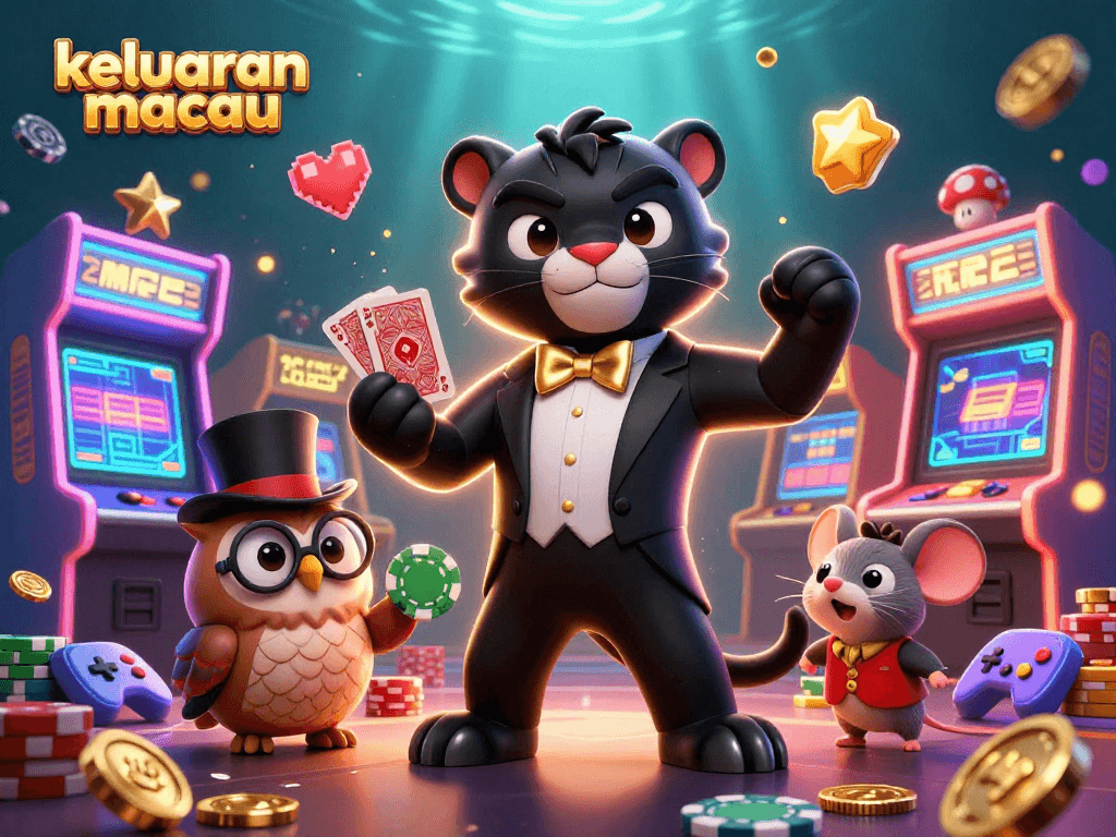 Engage with keluaran macau through a vibrant casino scene featuring a panther dealer and charming characters.
