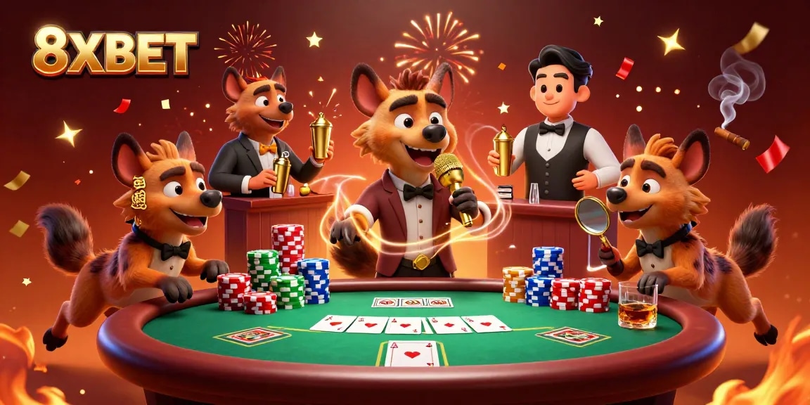 Experience fun and excitement at 8XBET's dynamic casino scene featuring hyenas enjoying poker and comedy.