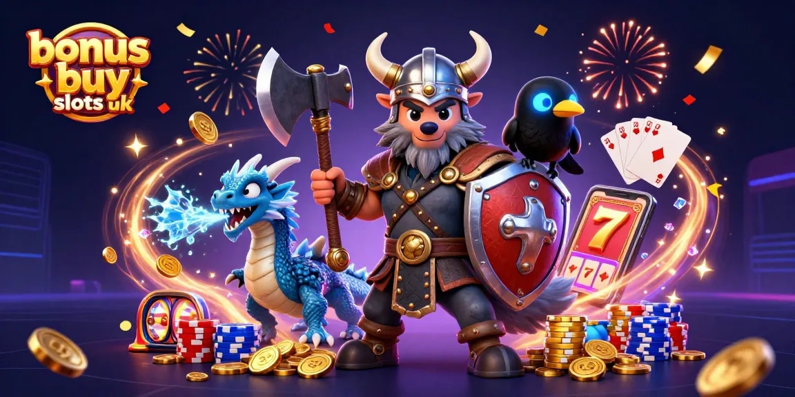 Experience the excitement of bonus buy slots uk with Viking warrior, dragon, and raven amid gold coins and vibrant casino elements.