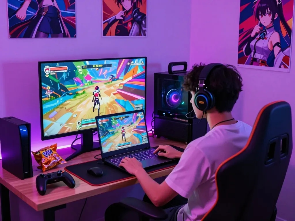 Player engaged in a hentai game surrounded by gaming equipment and vibrant ambiance.