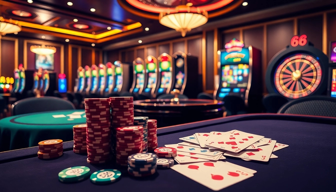 Experience the excitement of 68 game bài at an elegant casino table with poker chips and cards.