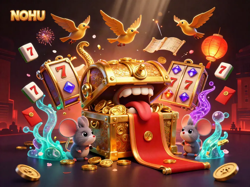 NOHU entertains players with slot reels and golden treasure in a vibrant 3D scene.