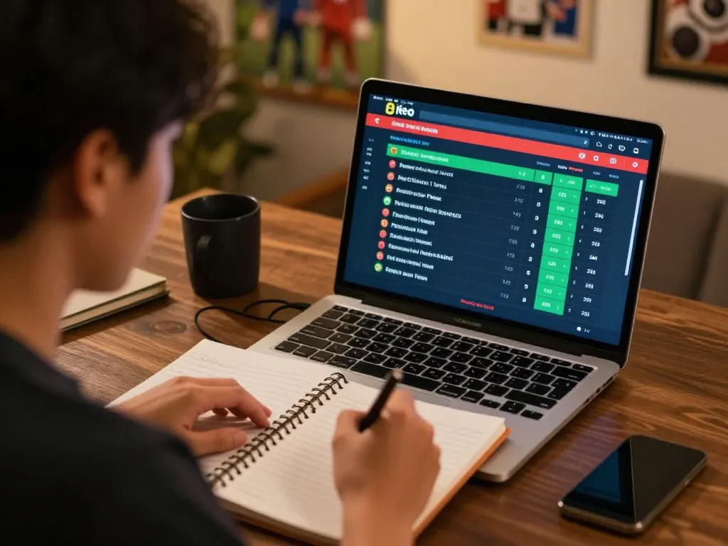 Engage in kèo nhà cái 8 sports betting strategies from home, showcasing a player’s focused gaming experience with laptop and notes.