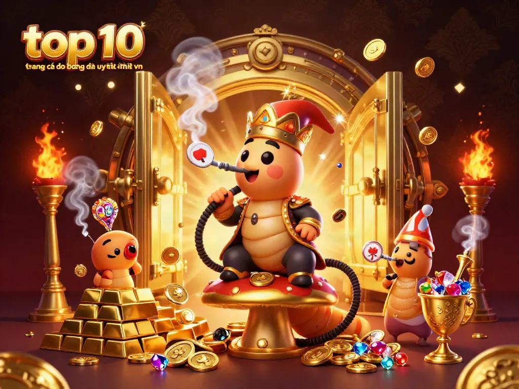 Hình ảnh mô phỏng top 10 trang cá độ bóng đá uy tín nhất vn với biểu tượng poker và kho báu.