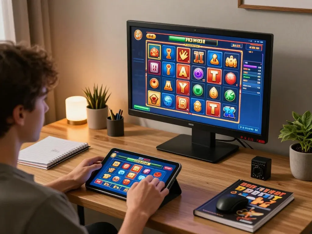 Engaging in no hu online casino gameplay on a tablet with vibrant slot visuals in a cozy setup.