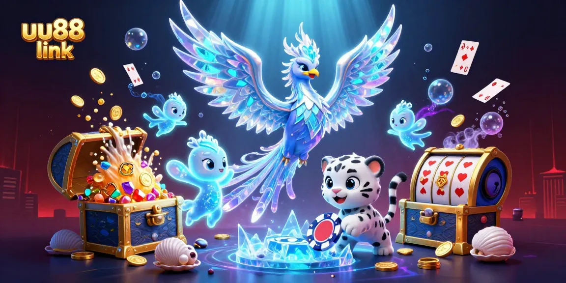 Join the excitement at uu88 link with this vibrant 3D casino scene featuring a phoenix, leopard, and dynamic game elements.