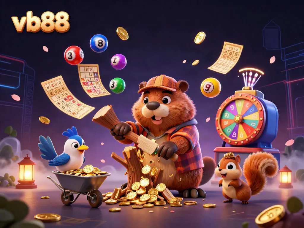 Experience thrilling winnings at VB88 with a dynamic scene featuring a cartoon beaver collecting golden coins.