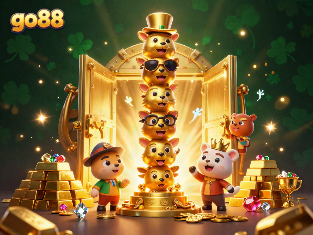 Experience exciting gameplay with go88 as animated gem-filled treasures burst from a vault door.