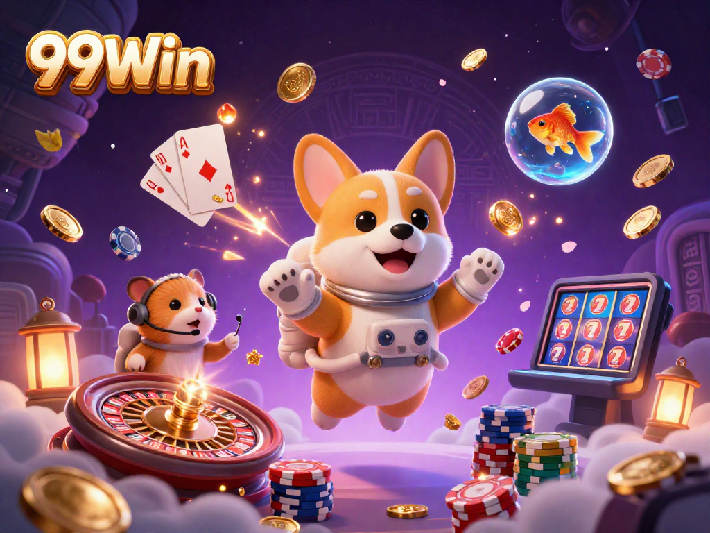 Experience thrilling gaming adventures with 99Win in this vibrant casino scene featuring a playful astronaut corgi.