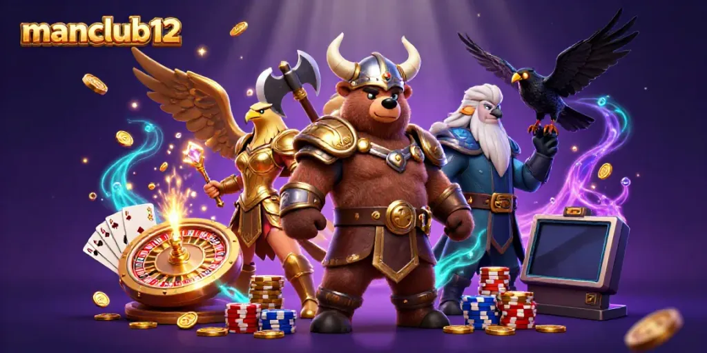 Experience big wins at manclub12 with exciting 3D casino characters surrounded by vibrant game elements.