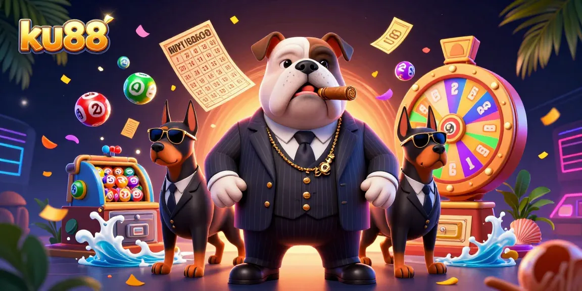 Engage with ku88's vibrant lottery scene featuring a whimsical mafia bulldog and dynamic game elements.