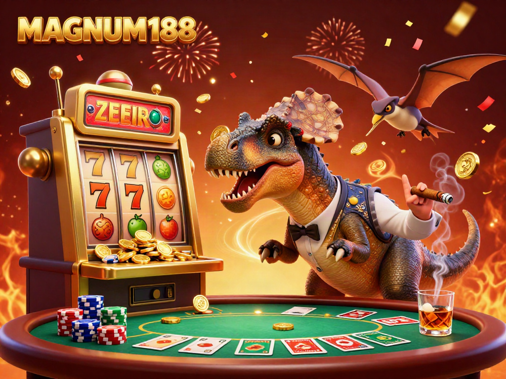 Experience MAGNUM188's exciting jackpot wins with a cartoon dinosaur in a vivid casino scene.