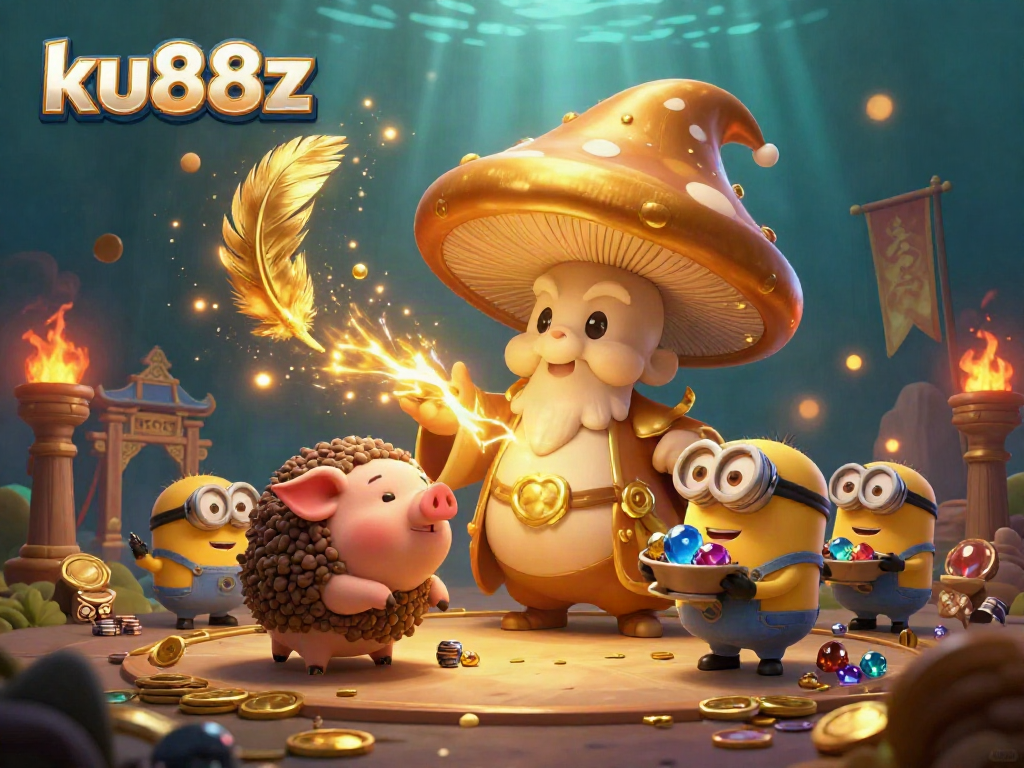 Join the magic of ku88z with golden treasures and enchanting characters in this vibrant casino-themed illustration.