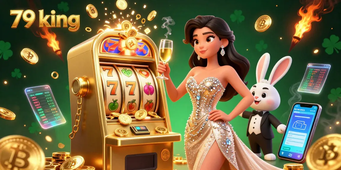 Engage with the vibrant casino atmosphere at 79 king, featuring a glamorous woman toasting beside a jackpot slot machine.
