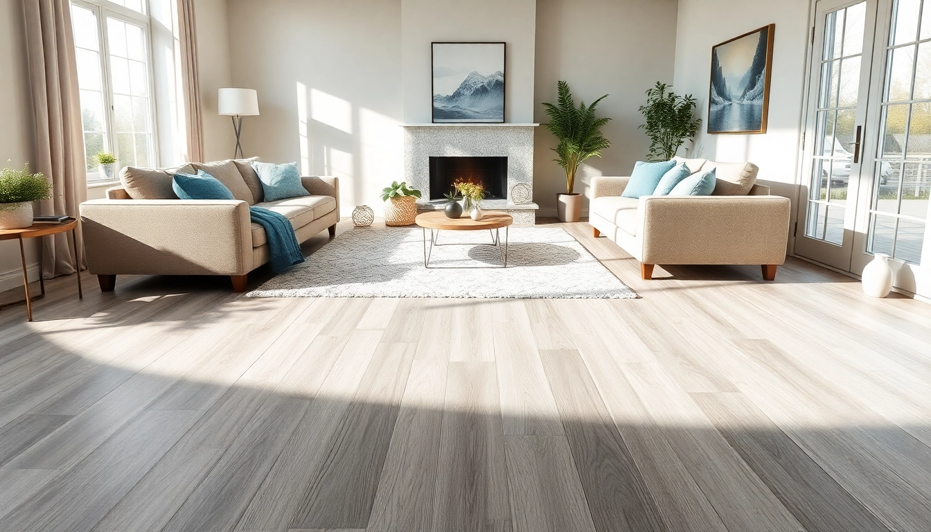 Stylish living room showcasing vinyl plank flooring in moonlight grey with elegant furniture.
