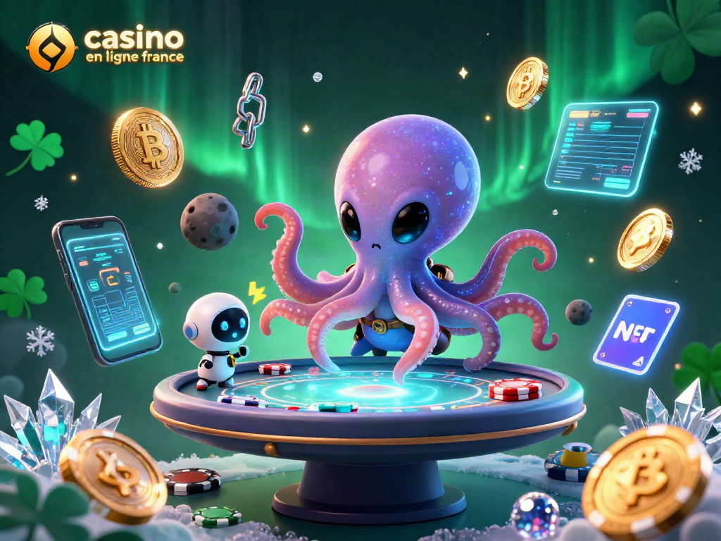 Jouez aux jeux de casino en ligne France avec un pouce extraterrestre et des jetons colorés flottants.