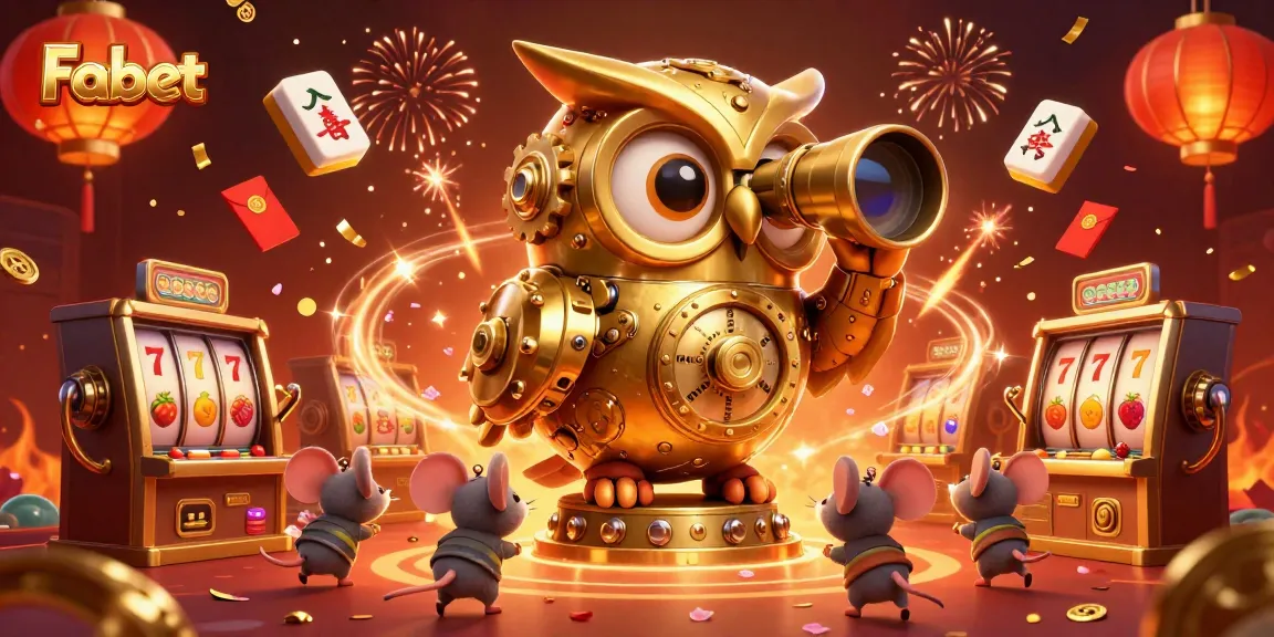 Experience the thrill of Fabet in a vibrant casino scene with a charming golden owl.