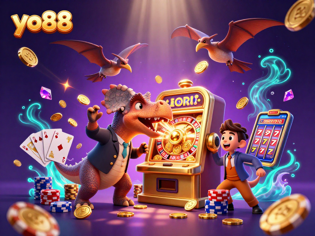 Experience a thrilling jackpot moment with yo88 as cartoon dinosaurs play in a vibrant casino scene.