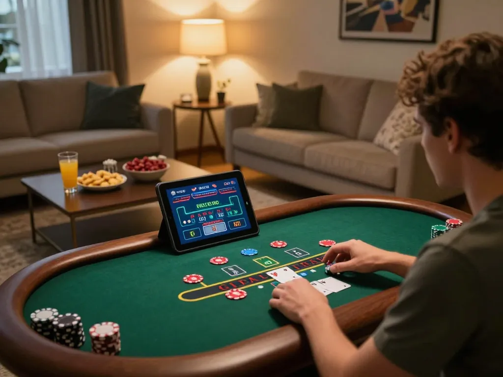 cm88 player enjoying a live dealer blackjack game in a cozy home setting