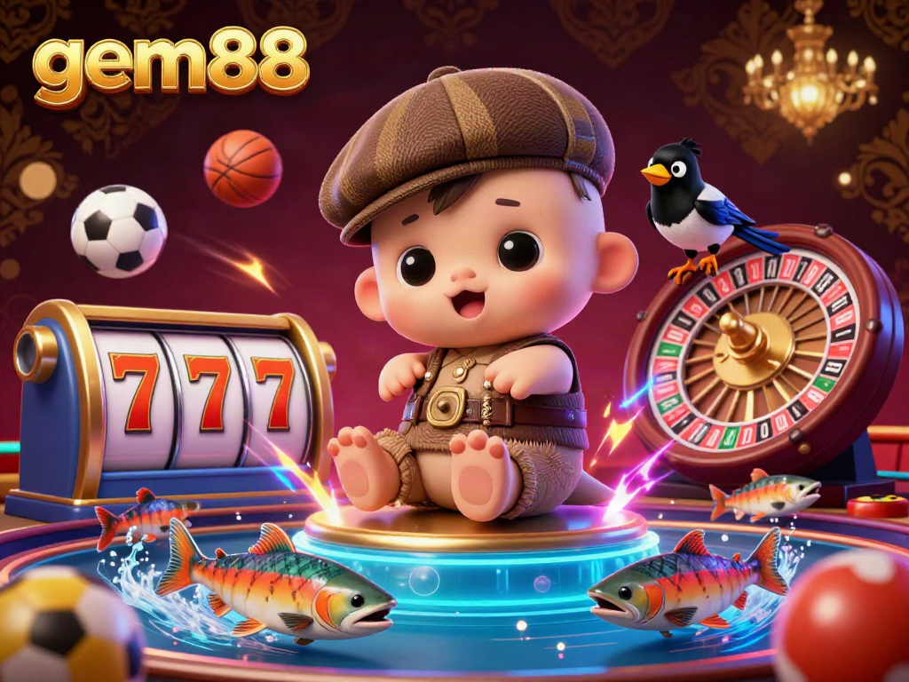 Experience the excitement of gem88 with a vibrant 3D casino illustration featuring lively characters and dynamic game elements.