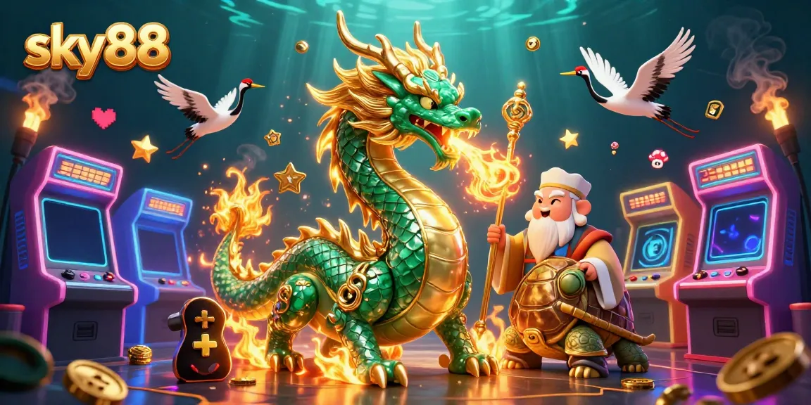 Experience thrilling gaming at sky88 with an emerald dragon, wise turtle, and lucky cranes.