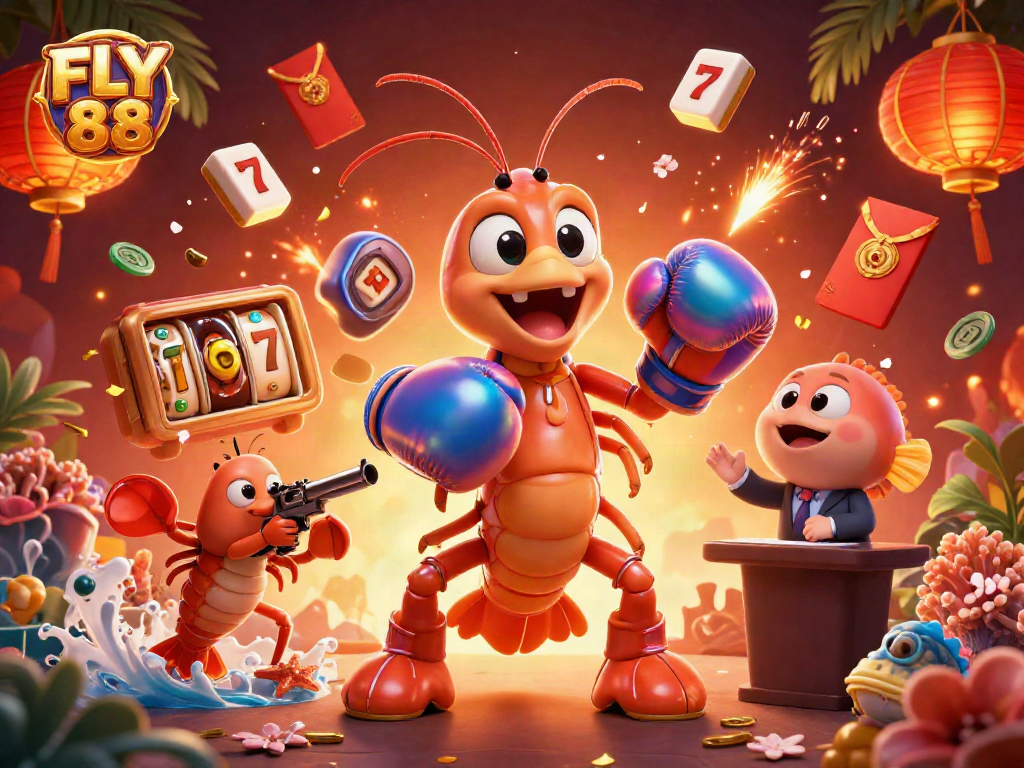 Engage in thrilling gaming with FLY 88, featuring exciting slot elements and vibrant aquatic characters.