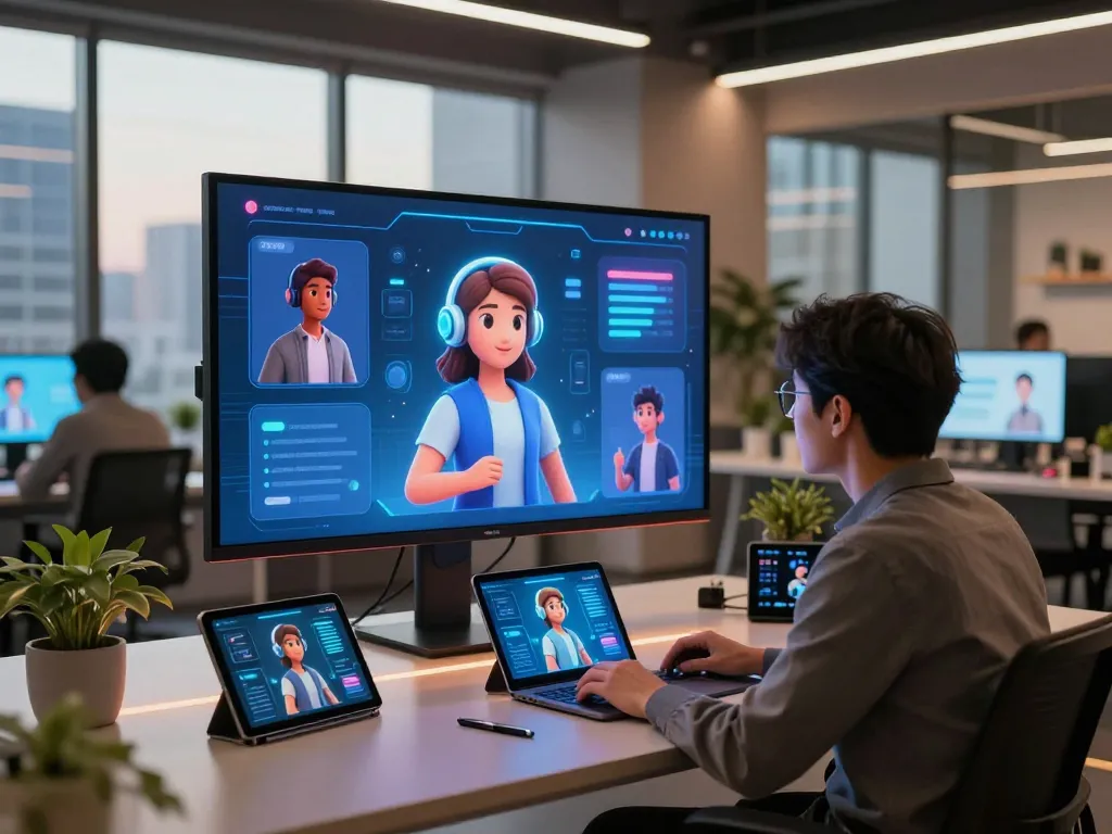 Engaging crushon AI interaction in a modern tech workspace with vibrant character displays.