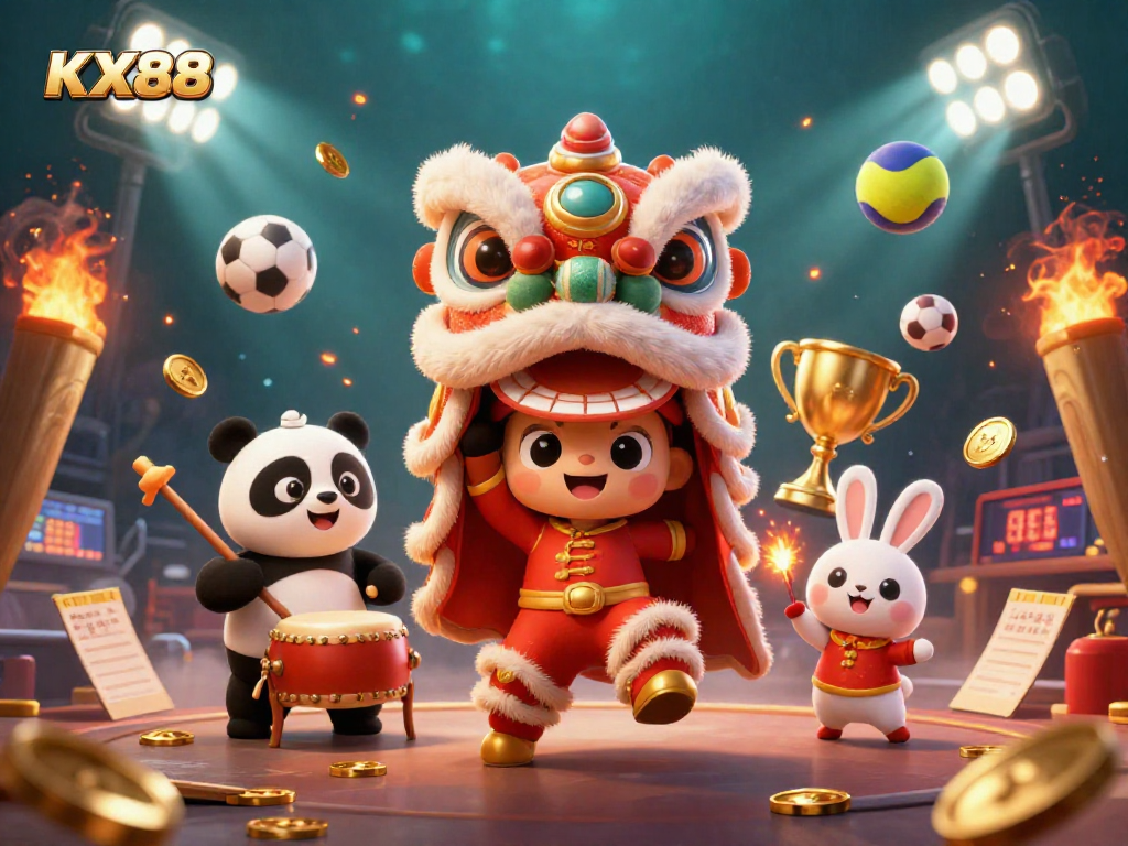 KX88 sports betting excitement with dynamic lion dance and drumming panda in a thrilling casino atmosphere.