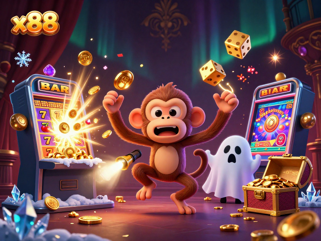 Experience exciting gameplay with x88's vibrant casino scene featuring a mischievous monkey and a curious puppy.